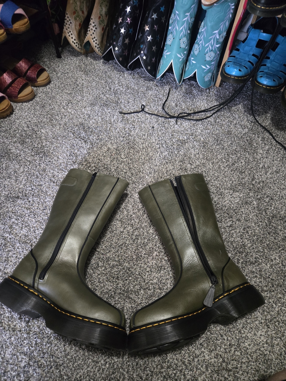 Dr. Martens Olive Green Leather Knee-High Zip Boots with Yellow Stitching - Picture 8 of 16